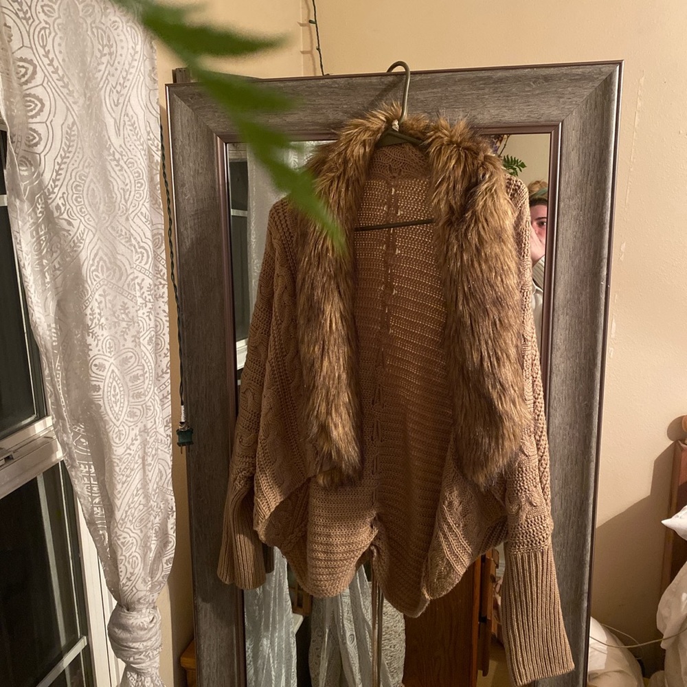 Faux fur tan color knit cardigan